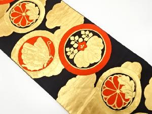 アンティーク　丸紋に蝶・桐・菊模様織り出し袋帯（材料）